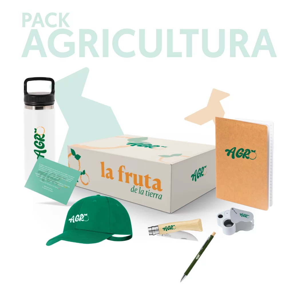 Pack agricultura incluye bidón térmico, gorra, navaja, bolígrafo, lupa, libreta y caja