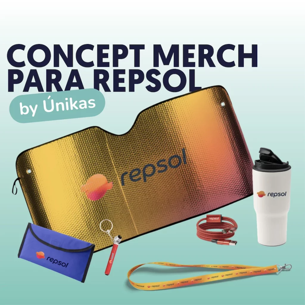 Concept merch para repsol que incluye un parasol, un bidon, un cable magnetico y un lanyard