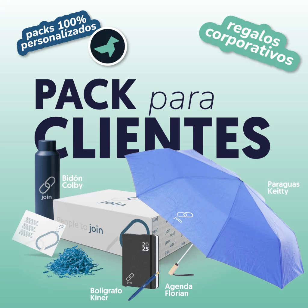 Pack para clientes que incluye un bidon, un bolígrafo, una agenda y un paraguas diseñado por unikas