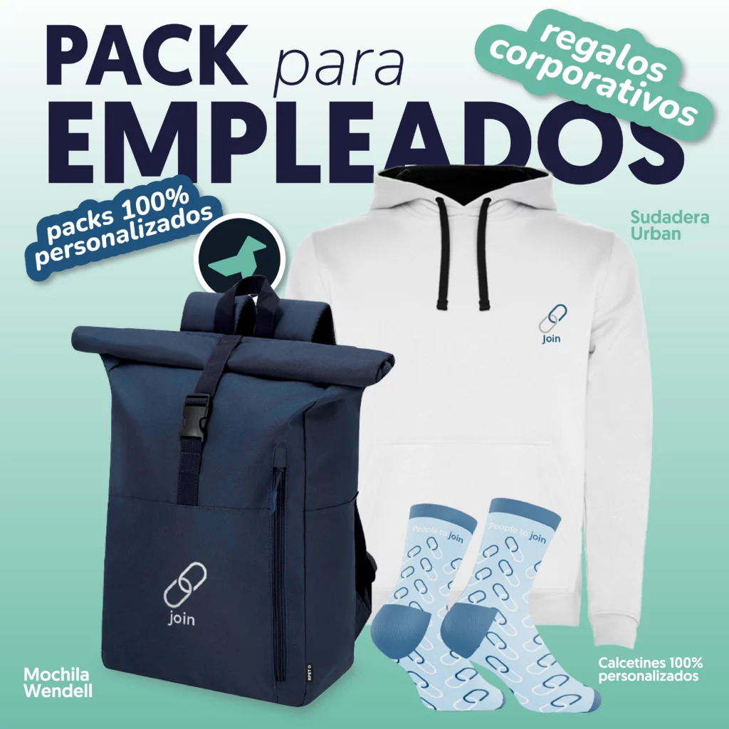 Pack para empleados que contiene una mochila, unos calcetines y una sudadera diseñada por unikas
