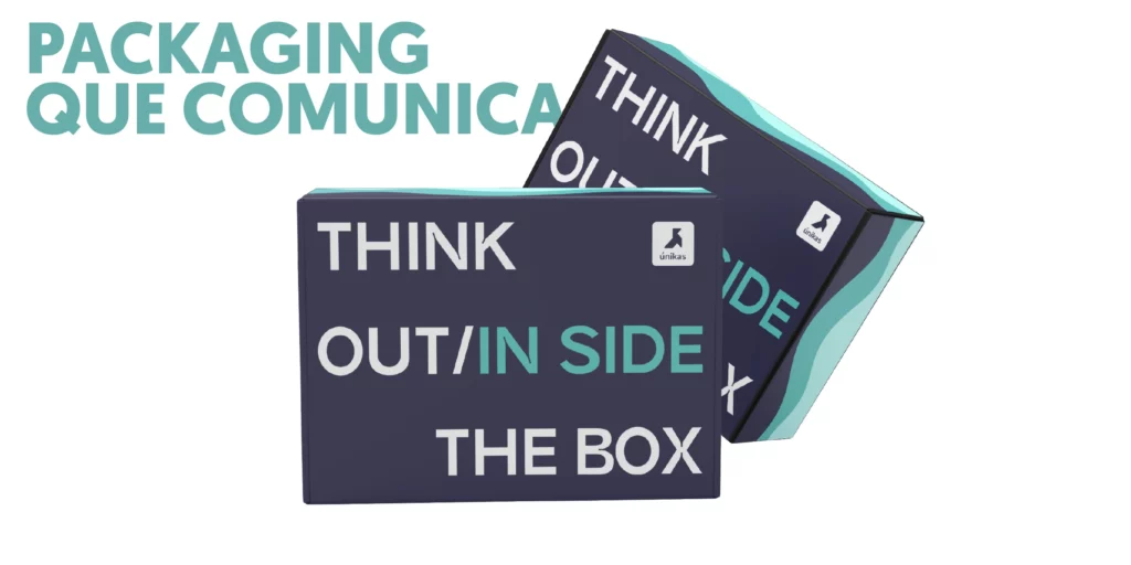 Packaging que comunica la caja cerrada es personalizada azul con letras blancas y azules