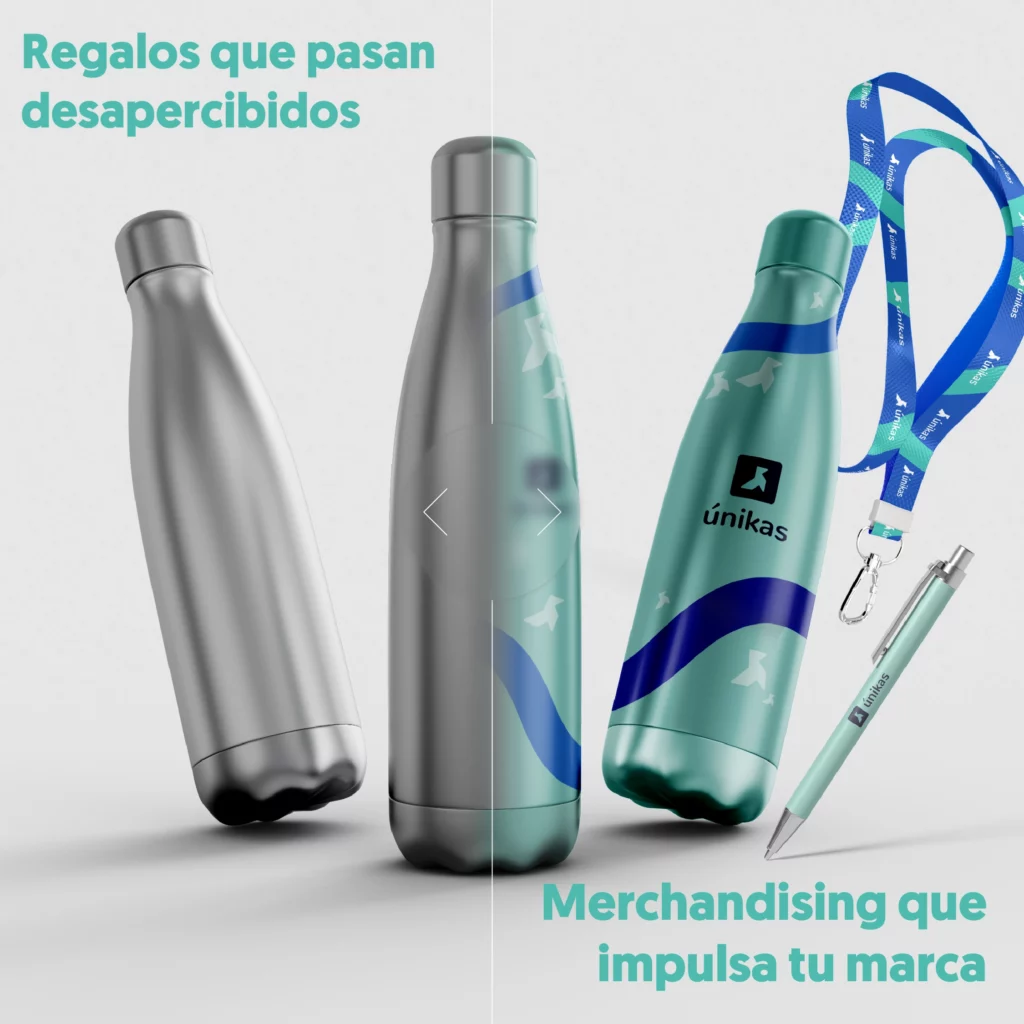 Tres botellas termo en las que se puede ver una gris, una que esta a mitad gris y otra personalizada y otra entera personalizada