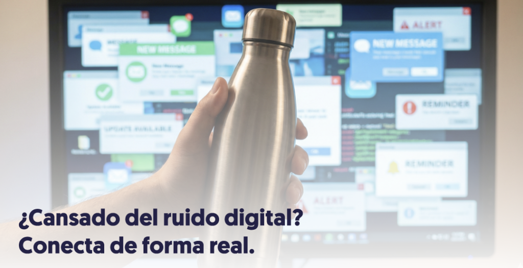 Cansado del ruido digital botella física con la pantalla por detrás llena de mensajes