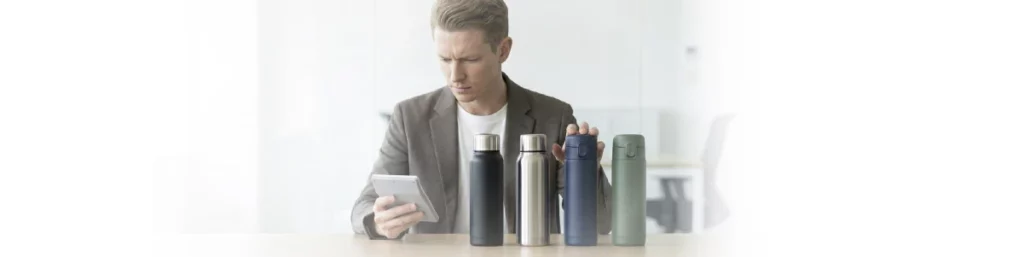 Hombre con una calculadora en la mano y varios bidones en la mano