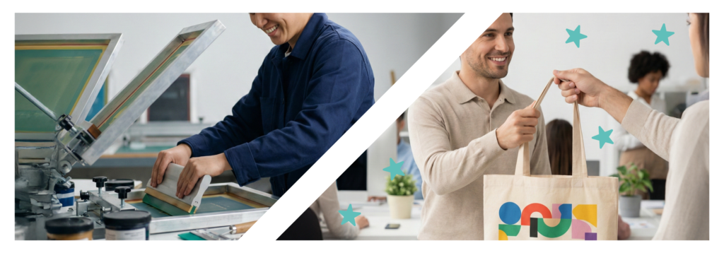 Foto de un hombre trabajando sonriendo y en la otra un hombre recogiendo una bolsa de merchandising