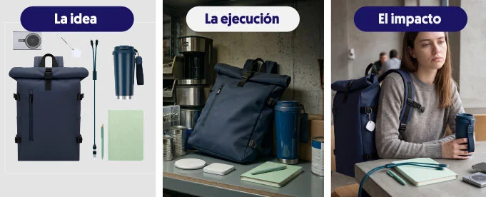 tres columnas donde se ve la idea, la ejecucion y el impacto de los productos de merchandising
