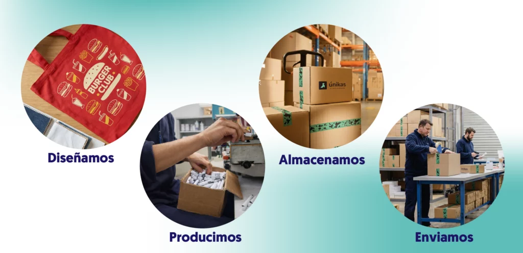 banner servicios que hacemos en únikas diseñar, producir, enviar y almacenar