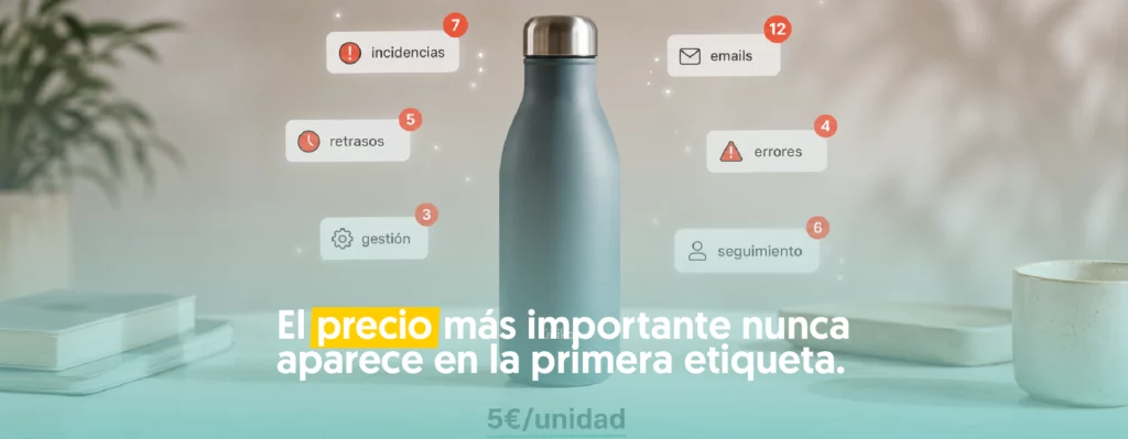 Botella en el medio alrededor etiquetas flotando con mensajes como incidencias, retrasos