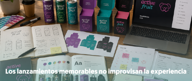 Mesa creativa con diseño, packaging, producto, calendario, logística, branding todo conectado