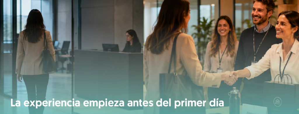 persona sola entrada a una oficina vs persona entrando con muchas personas que la reciben con una experiencia de bienvenida