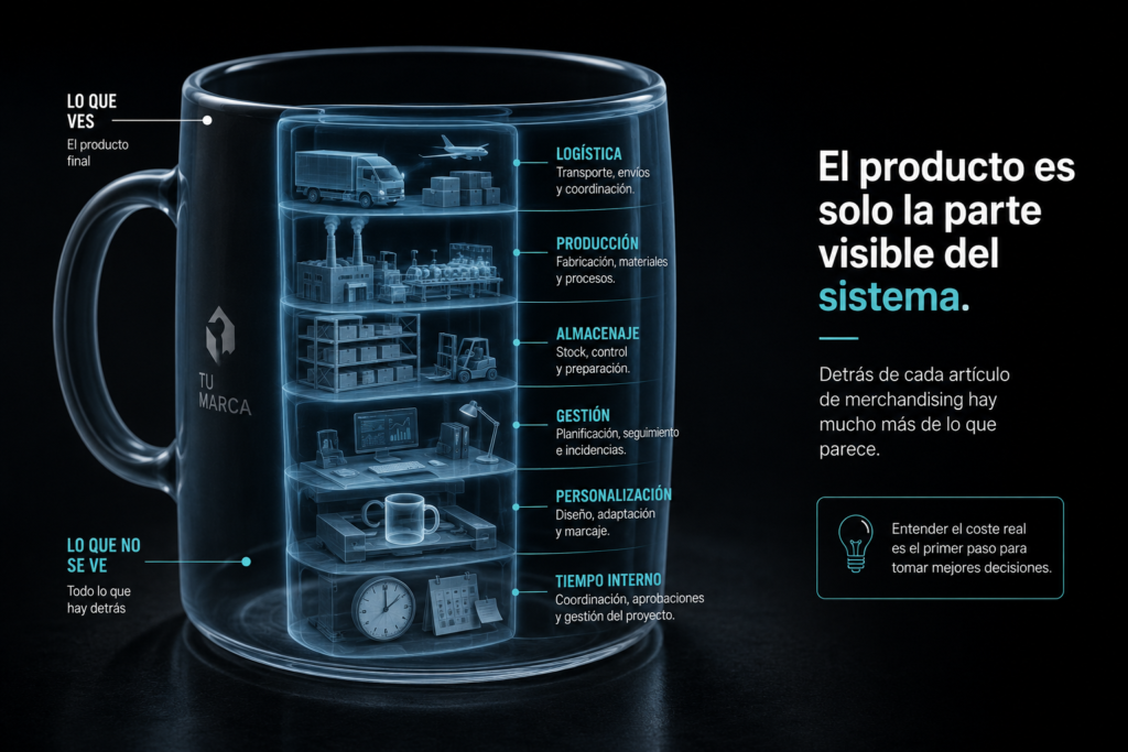 taza en rayos x dentro aparecen logística, producción, almacenaje, gestión, personalización y tiempo interno