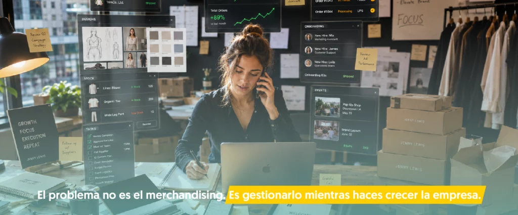 chica detrás con un montón de tareas diferentes para poder gestionar el merchandising