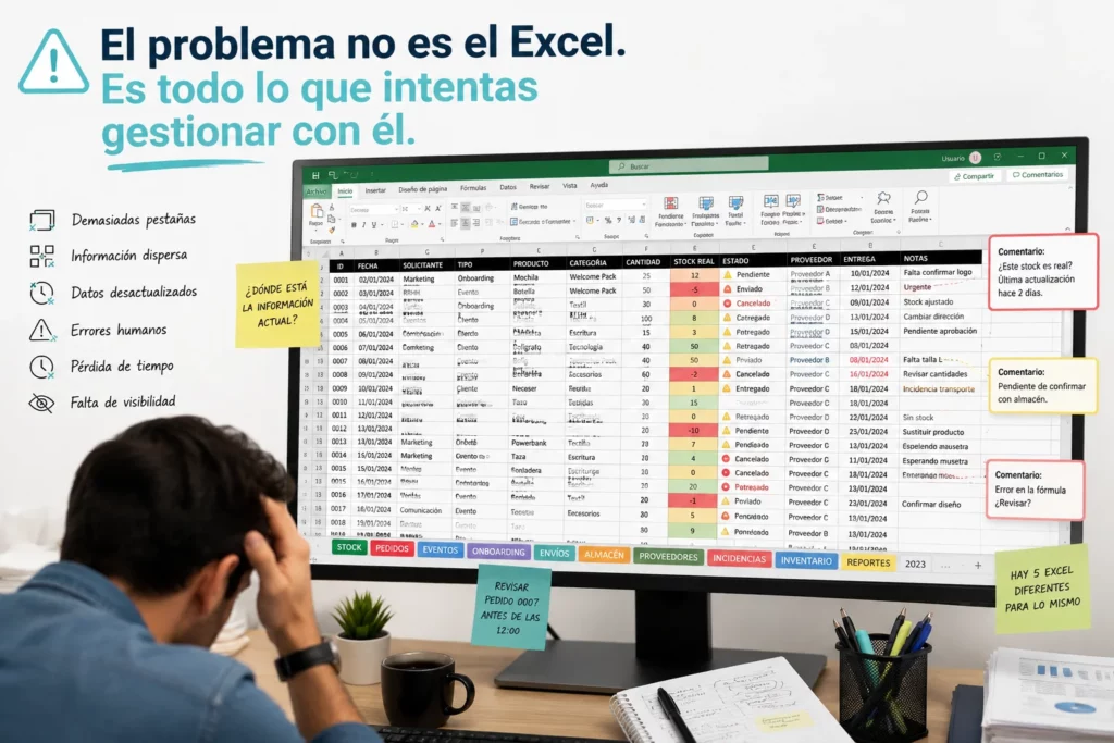 excel gigante abierto en pantalla con decenas de pestañas abiertas y una persona desesperada por encontrar información