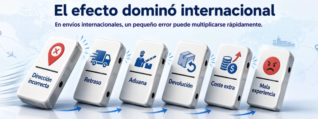 fichas de dominio con los pasos del envíos, dirección incorrecta, retraso, aduanas, devolución y mala experiencia
