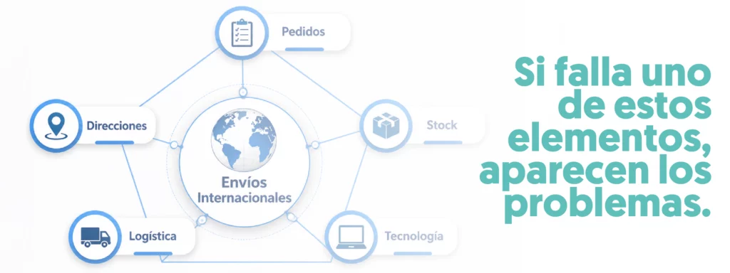 pentágono con la bola del mundo y alrededor están los pedidos, stock, tecnología, logística, direcciones