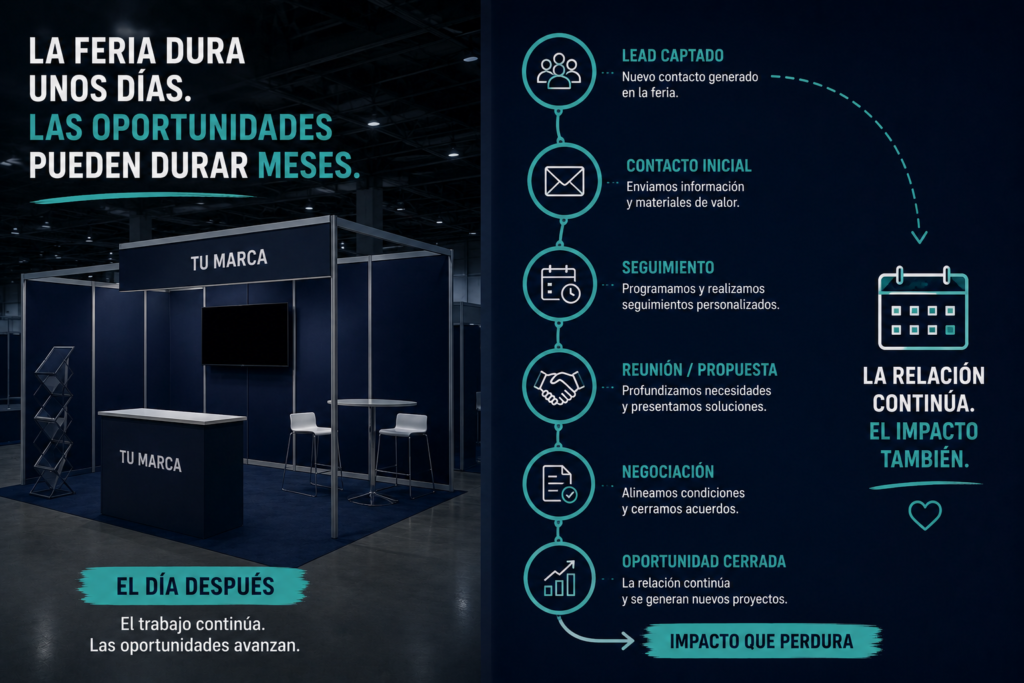 stand vacío y a la derecha pasos que puedes hacer después de la feria con el cliente