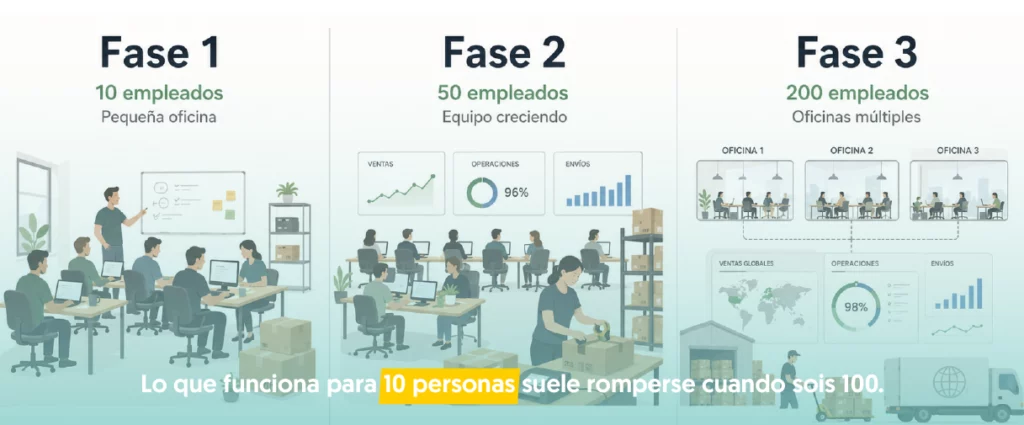 tres fases dependiendo de los empleados que tiene la empresa con diferentes funciones