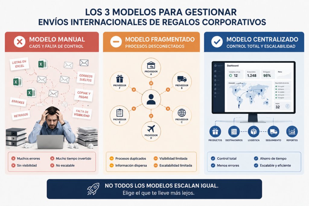 tres modelos diferentes manual, fragmentado y centralizado para gestionar los envíos internacionales