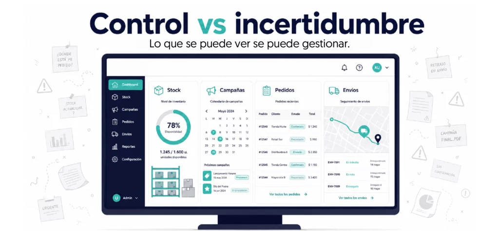 dashboard moderno mostrando el stock, campañas, pedidos y envíos