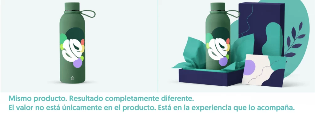 izquierda una botella sin mensaje y la parte derecha la misma botella con packaging, tarjeta y concepto