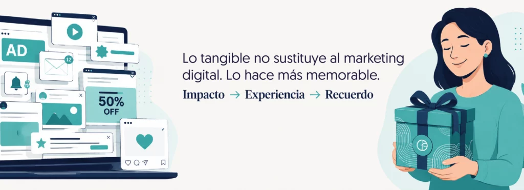 lo digital vs lo tangible un ordenador y una mujer con un regalo