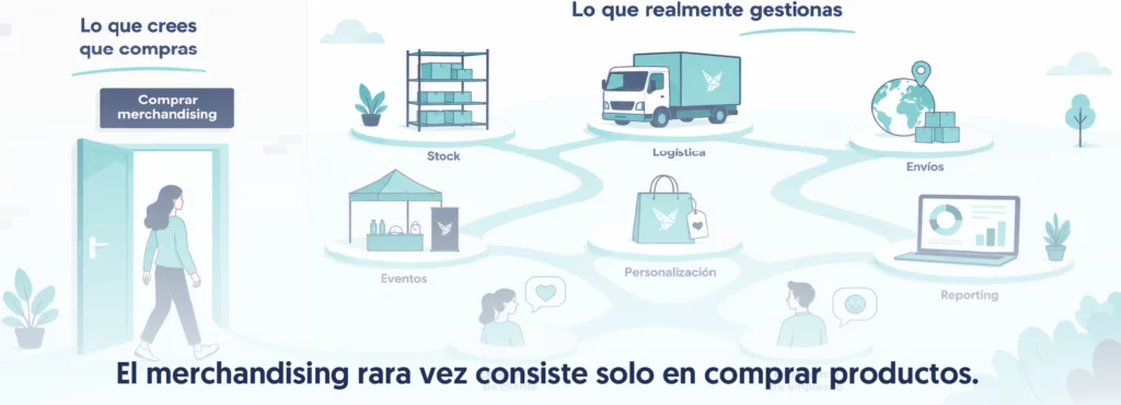 una persona entra por una puerta al cruzarla aparece el ecosistema (stock, logística, envíos, eventos, personalización..)