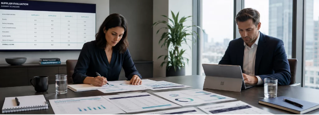 Dos personas revisando información impresa y digital analizando y comparando proveedores