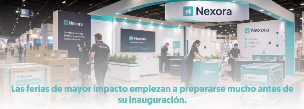Pabellón de feria durante el montaje varias personas trabajan en los últimos detalles del stand mientras llegan cajas con materiales corporativos perfectamente identificadas