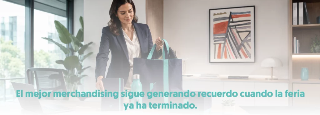 una persona llega a su oficina tras asistir a una feria sobre la mesa coloca una tote bag personalizada, una libreta, una botella reutilizable y una caja corporativa