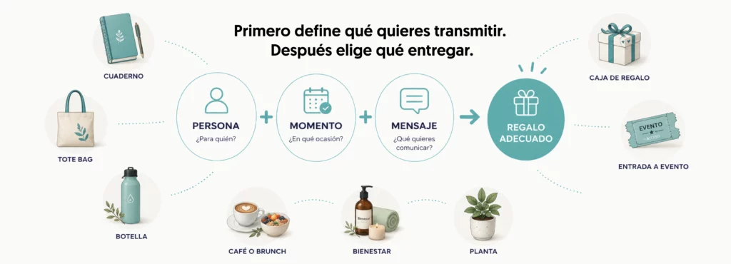 Diagrama persona, momento, mensaje y regalo adecuado y alrededor diferentes productos y experiencias