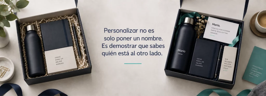 dos cajas abiertas con productos similares una genérica y otra incorpora pequeños detalles como el nombre