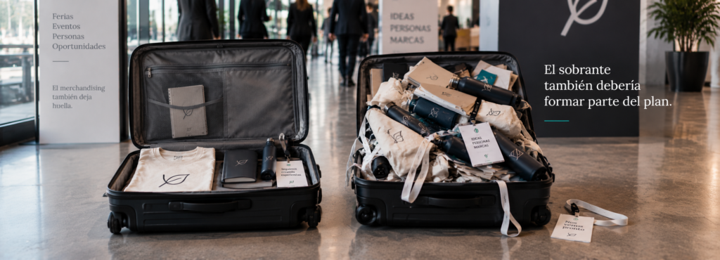 dos maletas de viaje abiertas una vacía ordenada con pocas piezas y otra completamente llena de merchandising