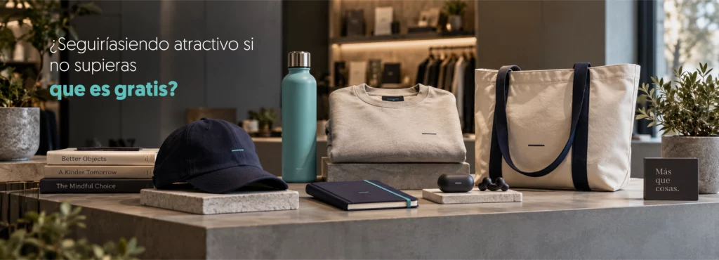 escaparate de una tienda de diseño con varios accesorios, una sudadera, una botella, una libreta, una gorra y una tote bag