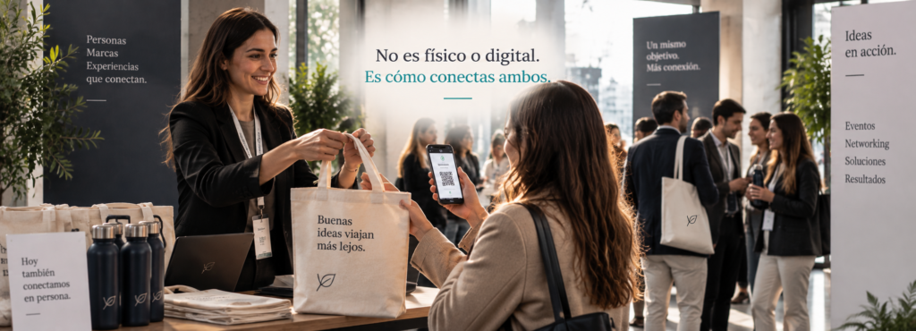 escena en un evento donde se ve una persona dándole una tote bag a una chica