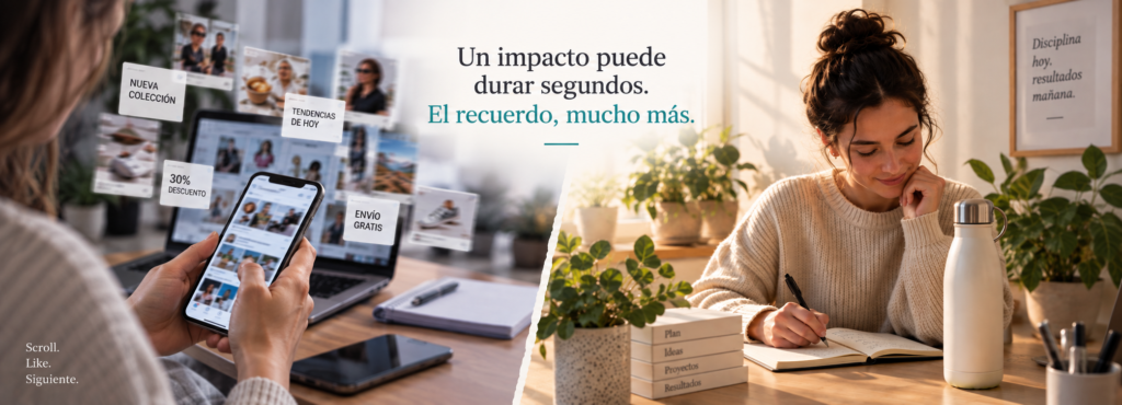 pantalla dividida en un plano donde se ve una persona con impactos digitales móvil y ordenador y en el otro lado una persona escribiendo en una libreta sin impactos digitales
