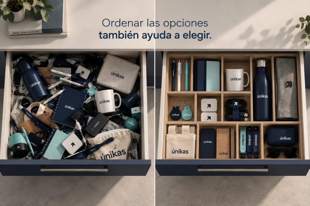 Con cajones uno todo el merchandising mezclado y otro ordenado si es que ordenar te ayuda a elegir