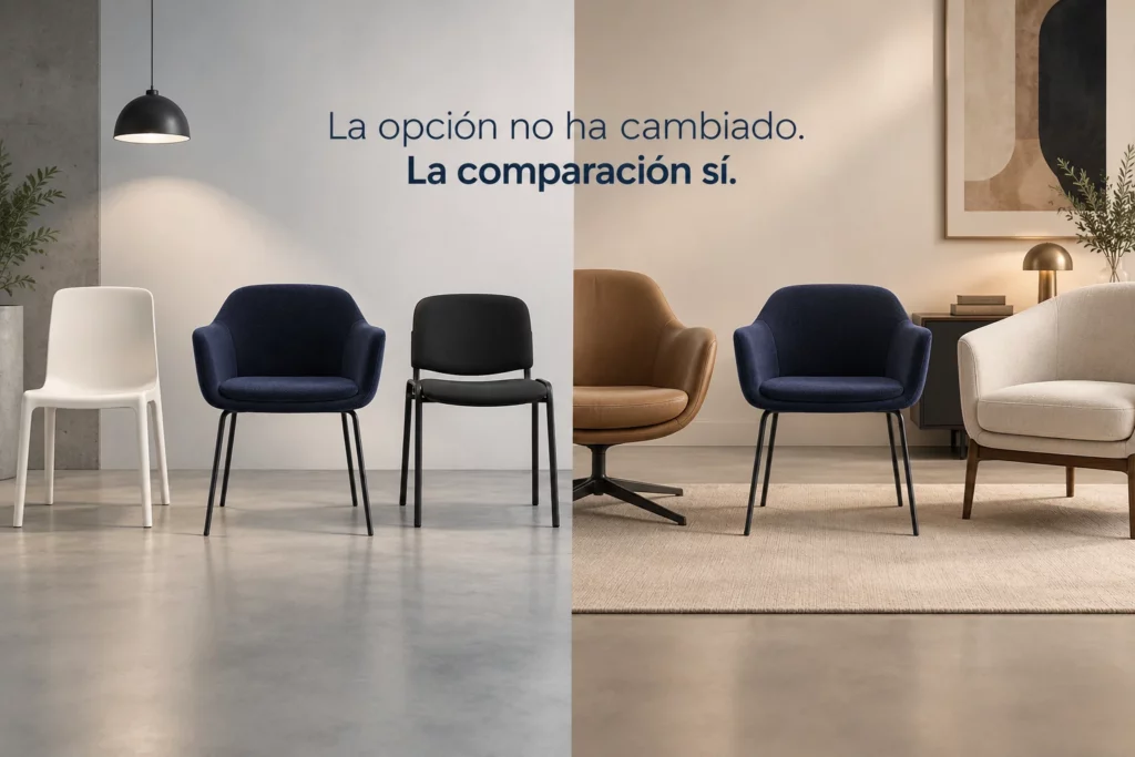 dos partes en un lado, una silla buena al lado de otras un poco peores y en el otro lado tres sillas elegantes misma silla diferente comparación