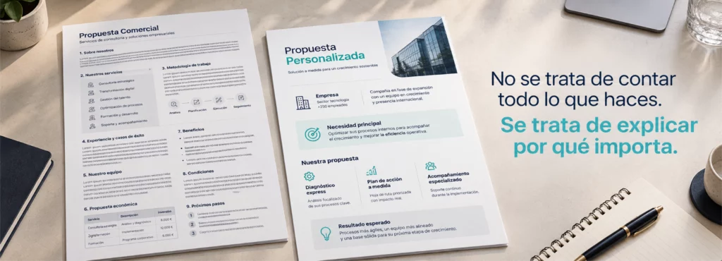 dos propuestas comerciales impresas en la mesa, una tiene un texto genérico y otra una presentación