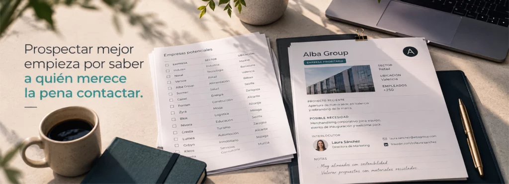 escritorio comercial aparece una lista con empresas y datos y en el otro lado una ficha de una empresa con información organizada
