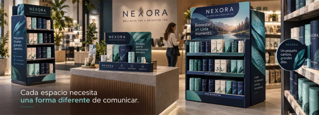 Expositores de suelo, de mostrador y señalización de lineal de Nexora adaptados a distintos espacios del punto de venta