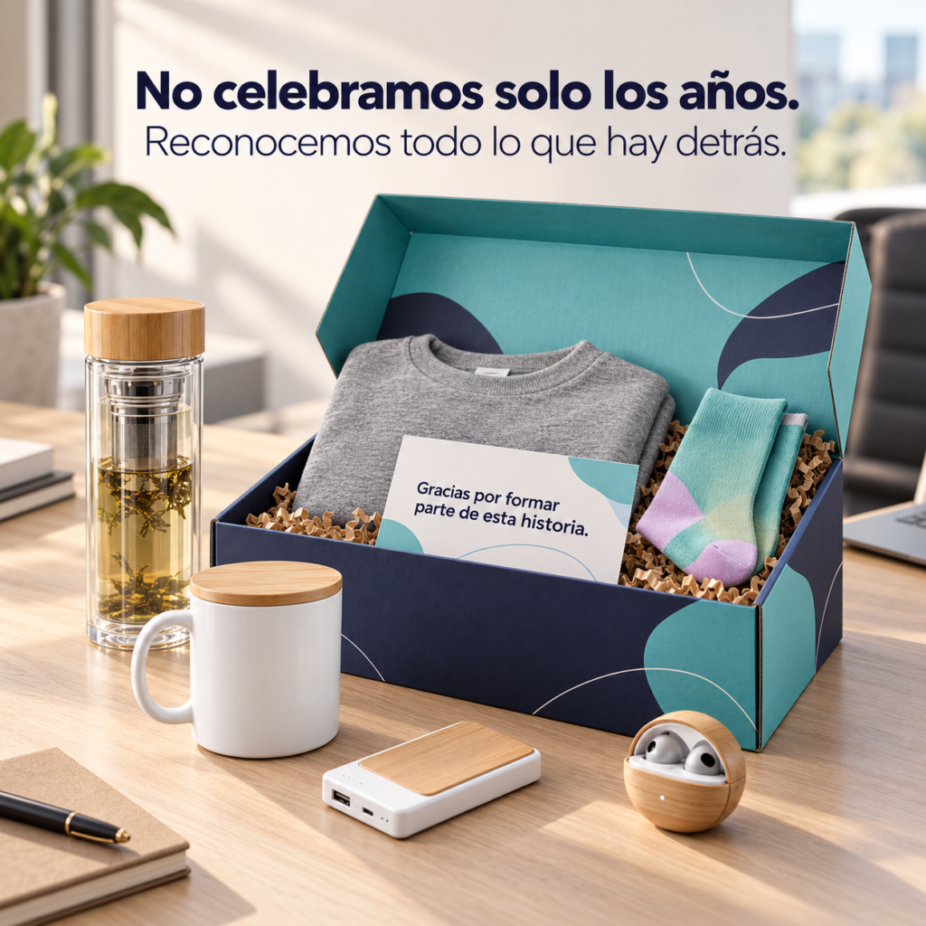 mesa con un gift box con sudadera, calcetines, taza, té, auriculares, power point, boli y libreta