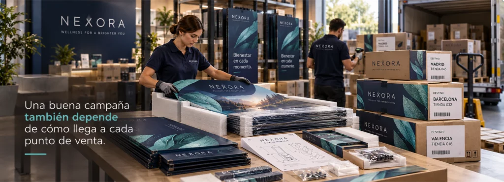 Preparación y embalaje de expositores de Nexora con instrucciones de montaje y cajas destinadas a tiendas de Madrid, Barcelona y Valencia