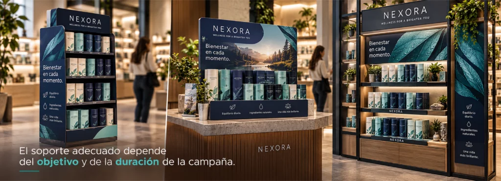 Expositor de suelo, display de mostrador y mueble expositor de Nexora como opciones de PLV según el objetivo y la duración de la campaña