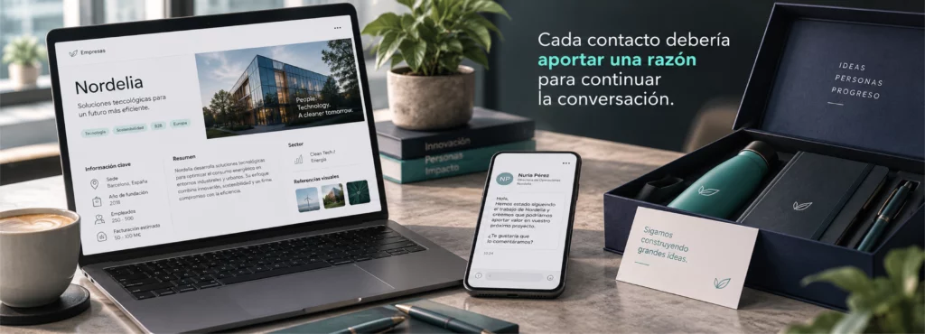 tres elementos conectados un portátil con una investigación, un mensaje comercial y un pack corporativo